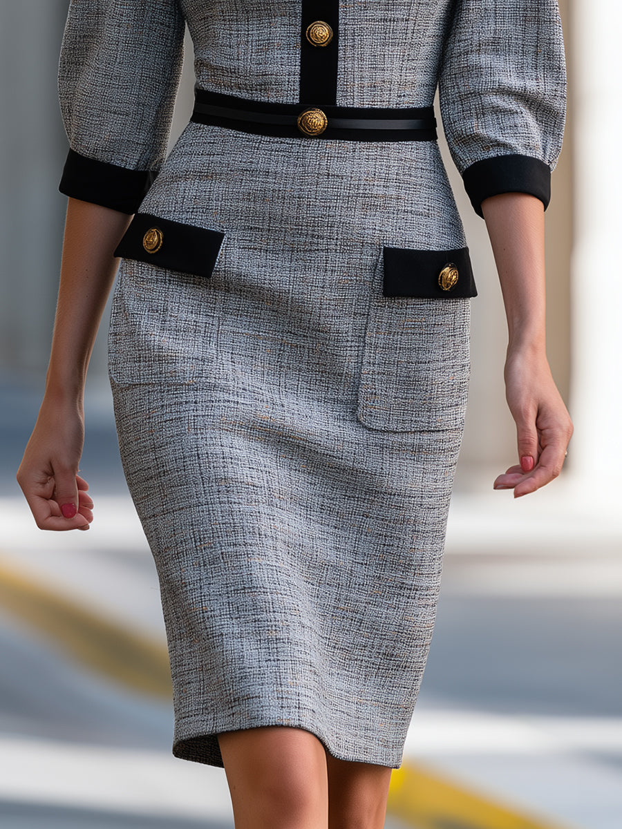 Contrast-Trim Buttoned Tweed Midi Dress