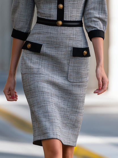Contrast-Trim Buttoned Tweed Midi Dress
