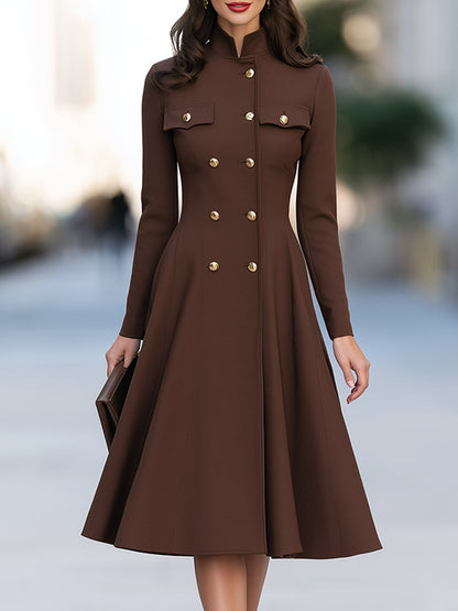 Elegant Double-Breasted Stand Collar A-Line Blazer Dress
