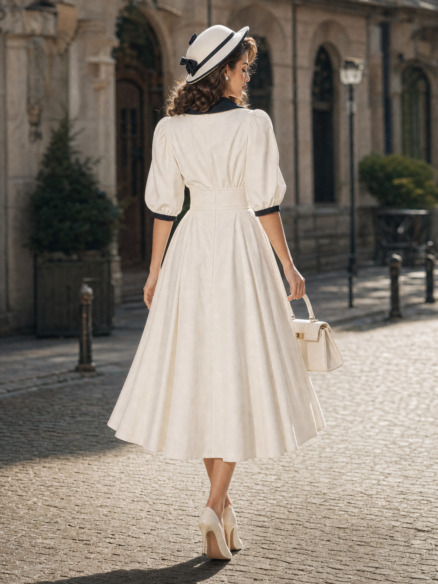 Vintage Contrast Sailor Collar Puff Sleeve Double‑Breasted Midi Dress