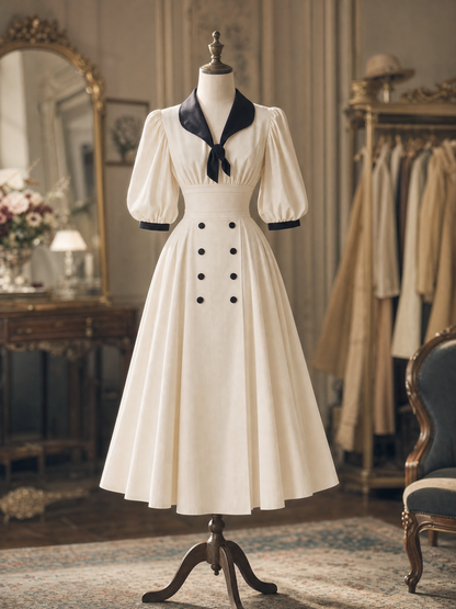 Vintage Contrast Sailor Collar Puff Sleeve Double‑Breasted Midi Dress