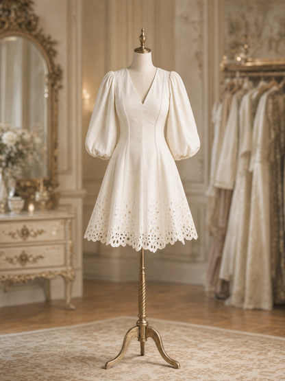 Vintage V‑Neck Puff Sleeve Eyelet Embroidery A‑Line Mini Dress