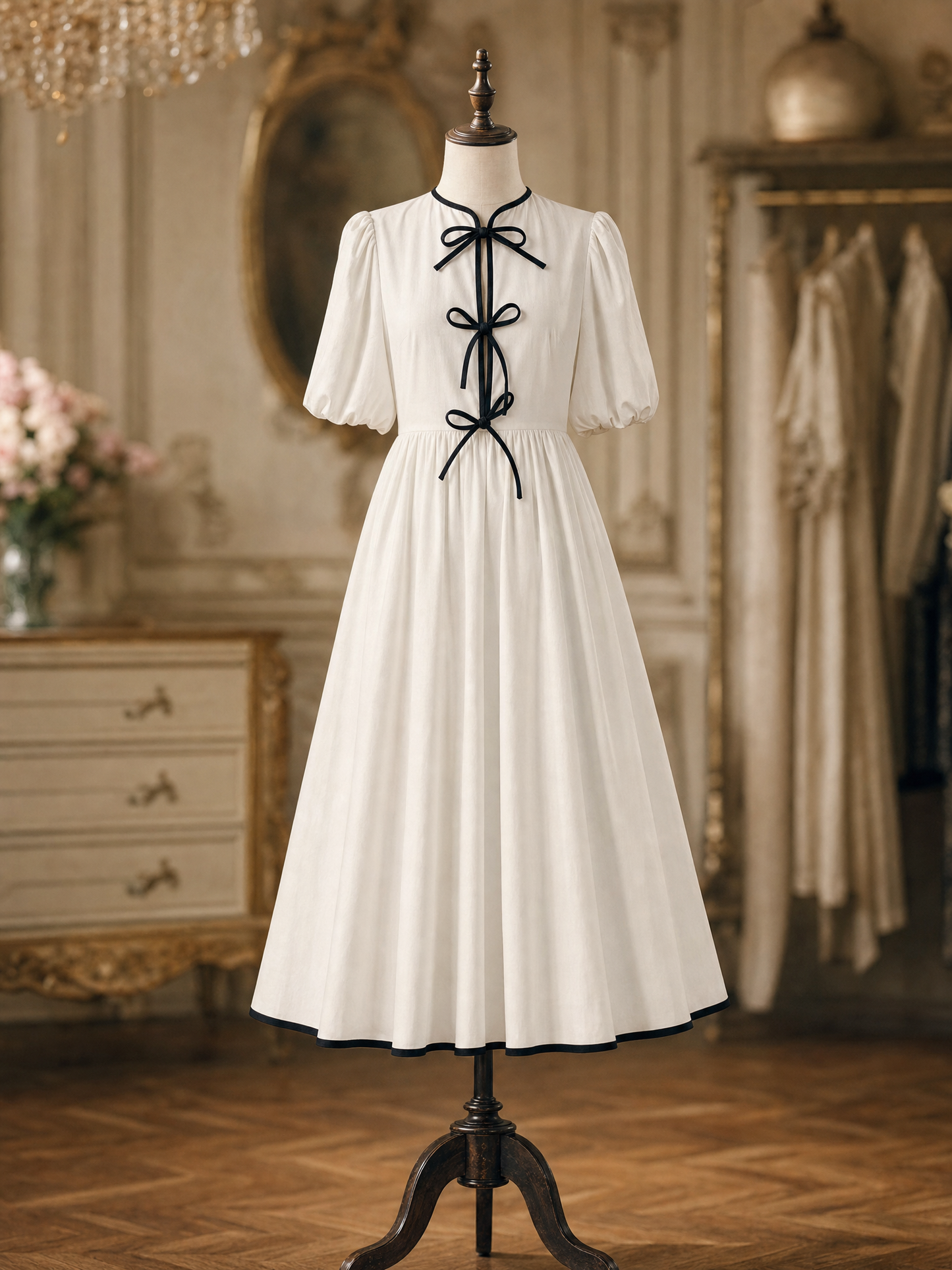 Vintage Contrast Trim Puff Sleeve Front Bow A‑Line Midi Dress