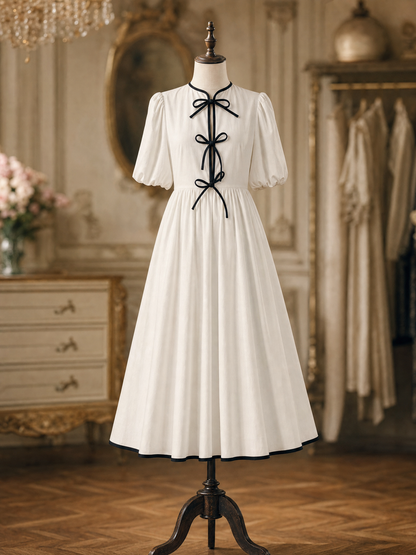 Vintage Contrast Trim Puff Sleeve Front Bow A‑Line Midi Dress