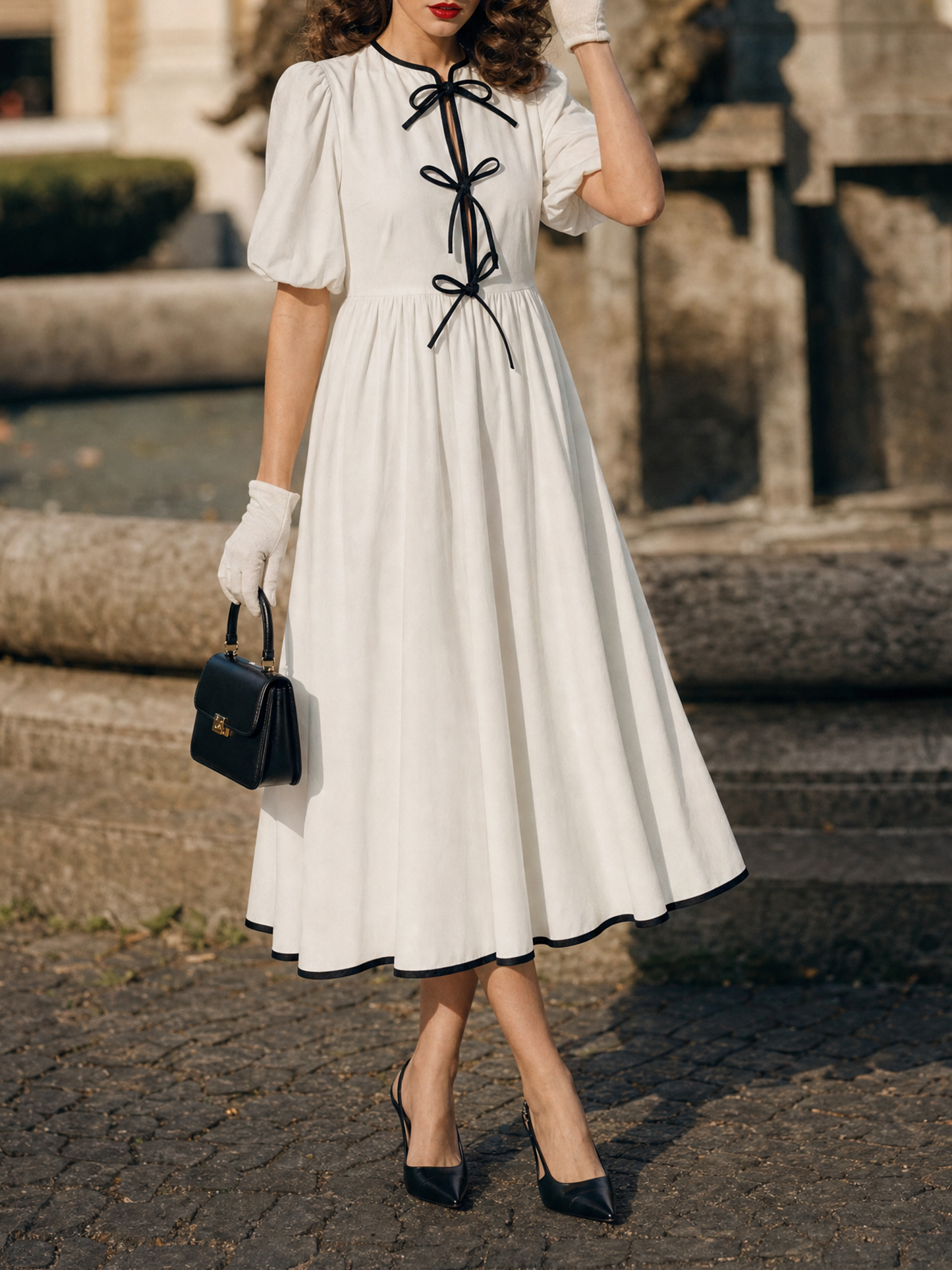 Vintage Contrast Trim Puff Sleeve Front Bow A‑Line Midi Dress