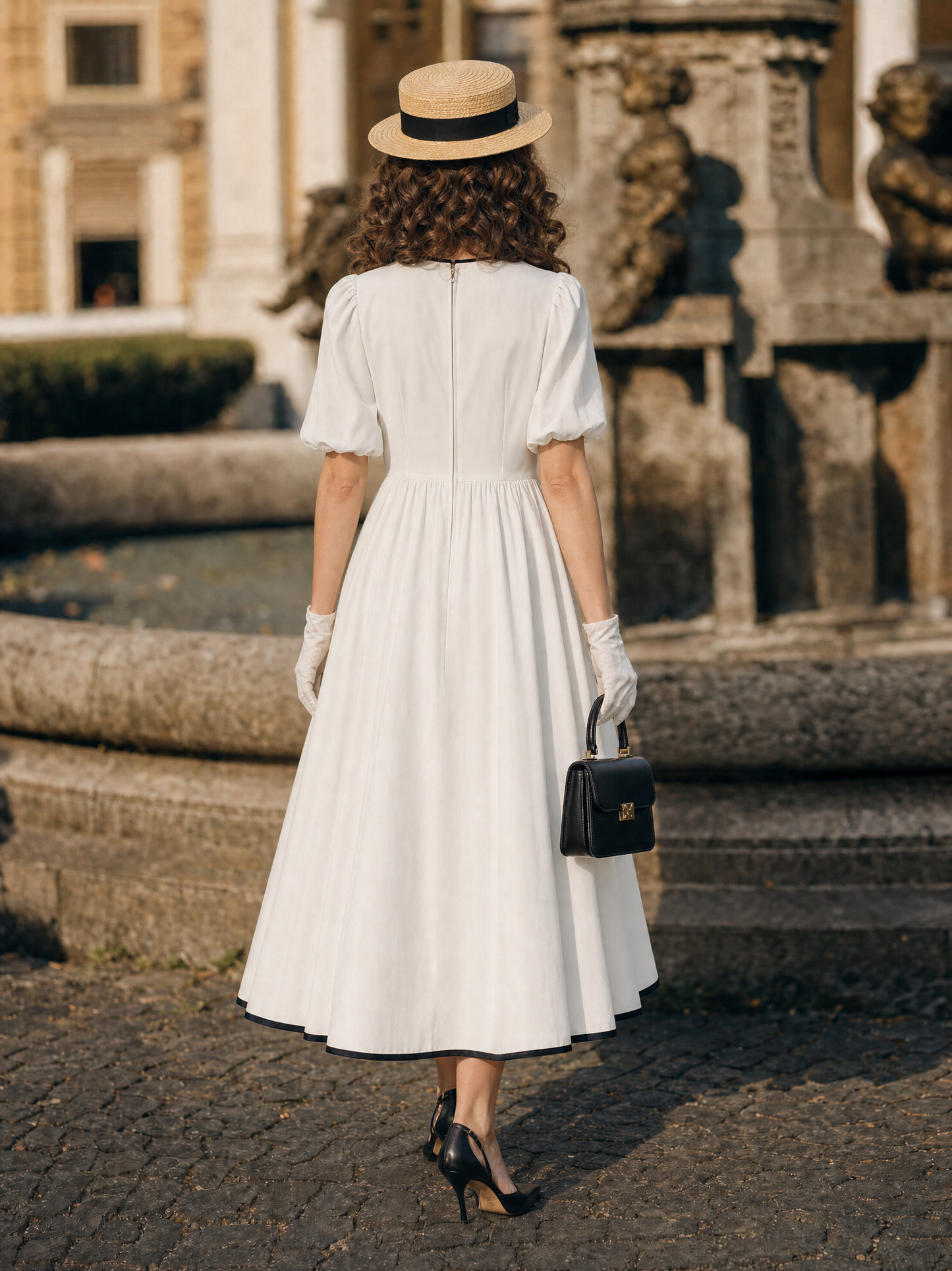 Vintage Contrast Trim Puff Sleeve Front Bow A‑Line Midi Dress