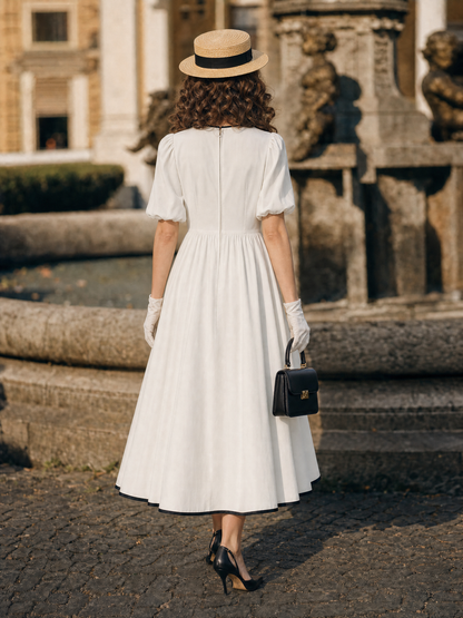 Vintage Contrast Trim Puff Sleeve Front Bow A‑Line Midi Dress