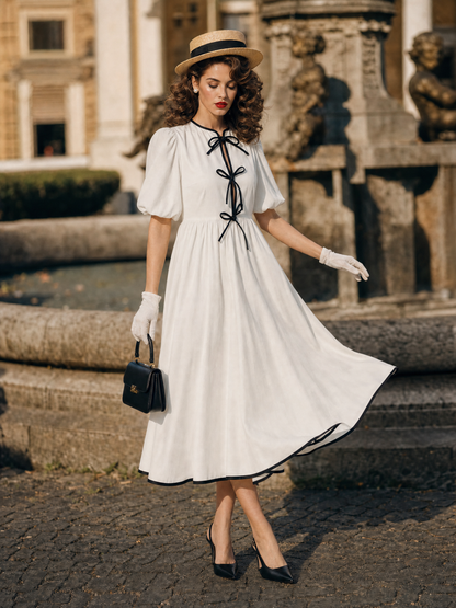 Vintage Contrast Trim Puff Sleeve Front Bow A‑Line Midi Dress