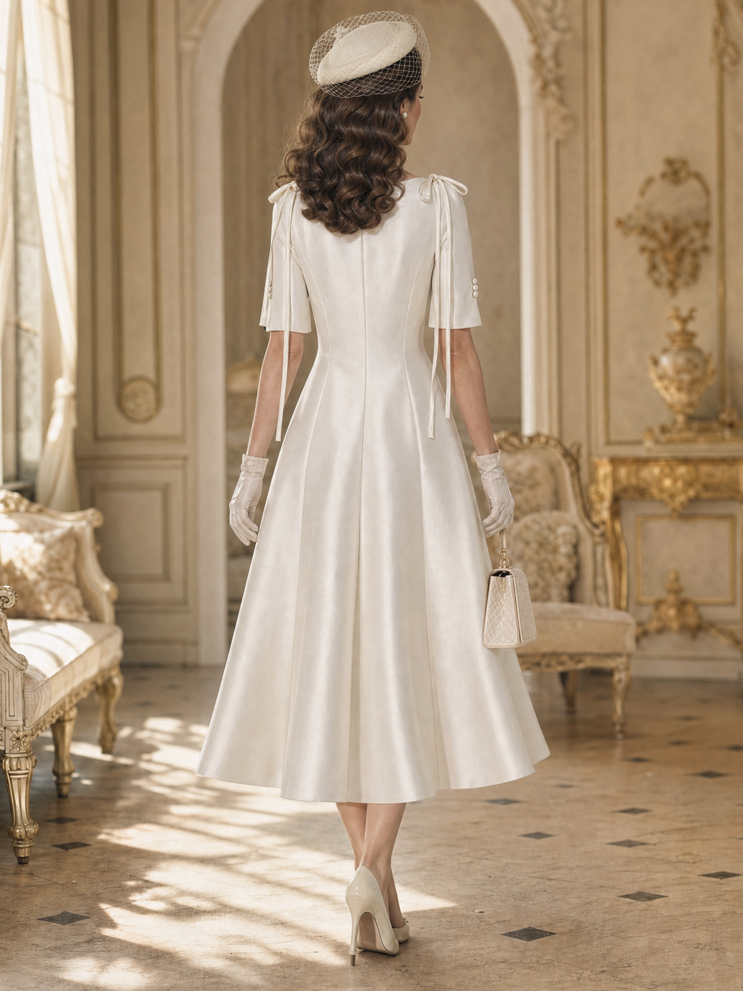 Vintage Boat Neck Satin Shoulder Bow Short Sleeve Swing Midi Dress