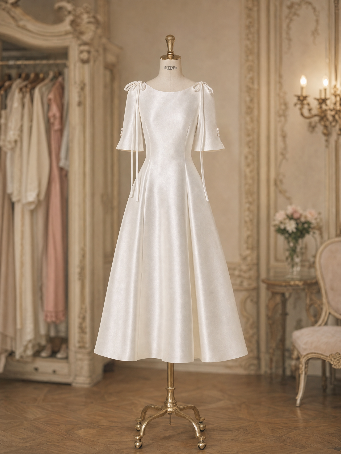 Vintage Boat Neck Satin Shoulder Bow Short Sleeve Swing Midi Dress