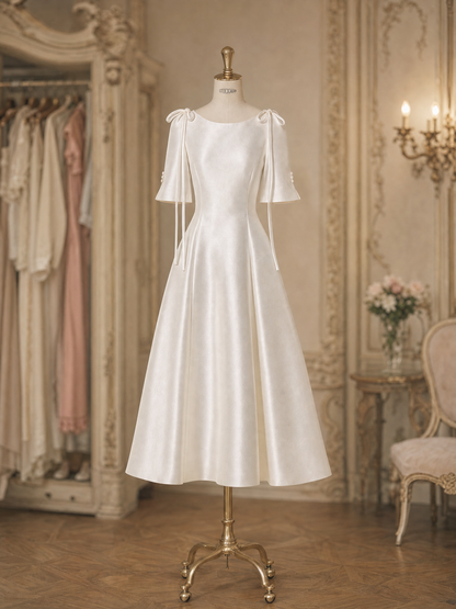 Vintage Boat Neck Satin Shoulder Bow Short Sleeve Swing Midi Dress