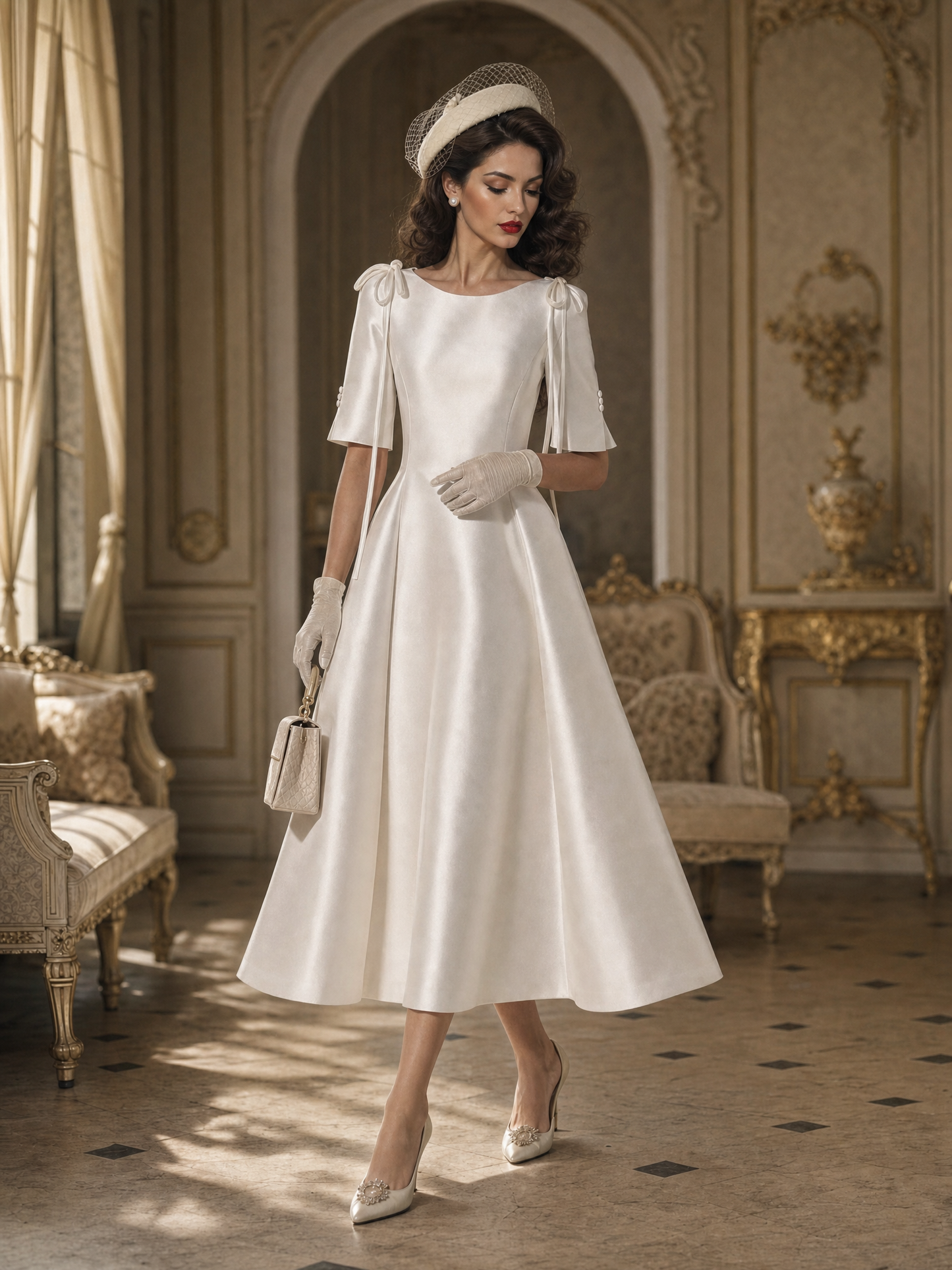 Vintage Boat Neck Satin Shoulder Bow Short Sleeve Swing Midi Dress
