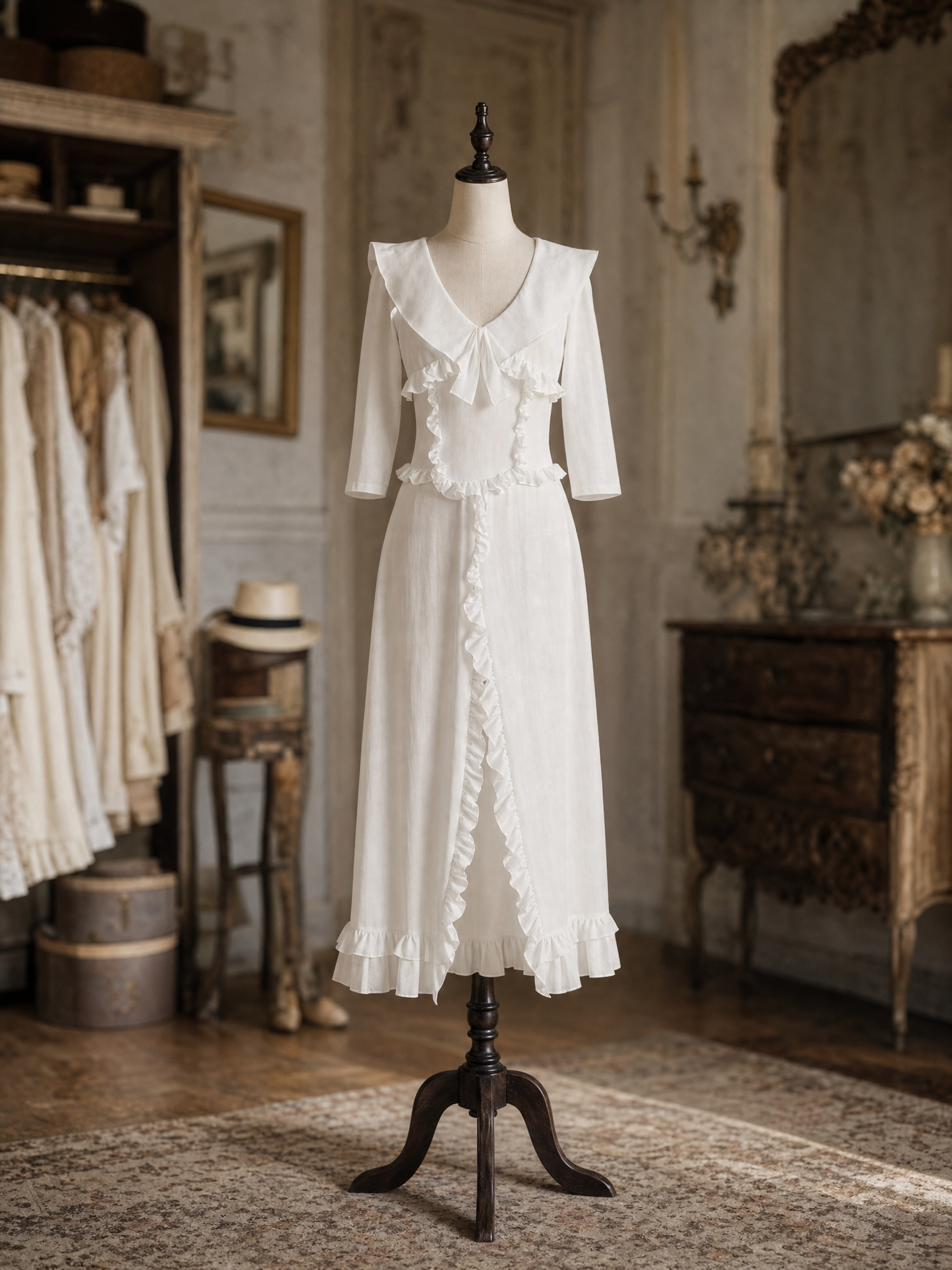 Vintage Ruffle Peter‑Pan Collar Bow Front Split Midi Dress