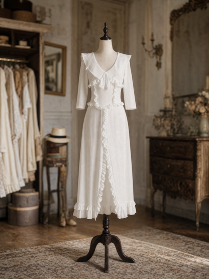 Vintage Ruffle Peter‑Pan Collar Bow Front Split Midi Dress