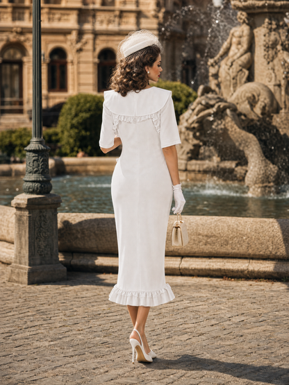 Vintage Ruffle Peter‑Pan Collar Bow Front Split Midi Dress