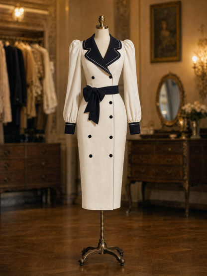Vintage Contrast Lapel Puff Sleeve Bow Belt Bodycon Midi Dress