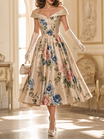 Vintage Off‑Shoulder Floral Print Satin Belted Swing Midi Dress