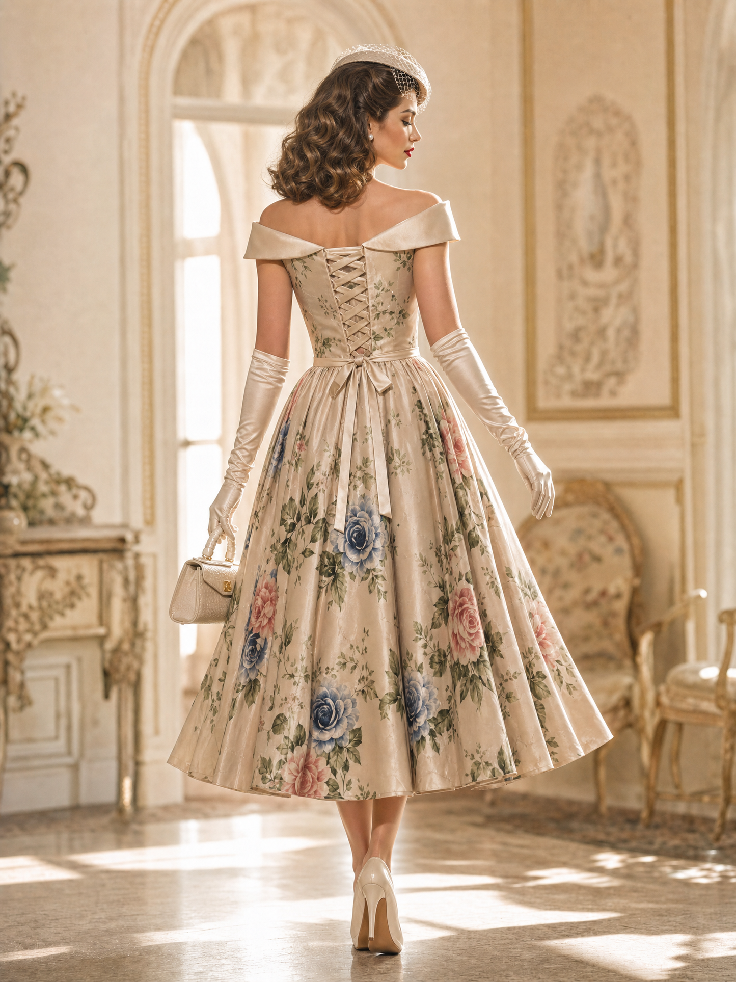 Vintage Off‑Shoulder Floral Print Satin Belted Swing Midi Dress