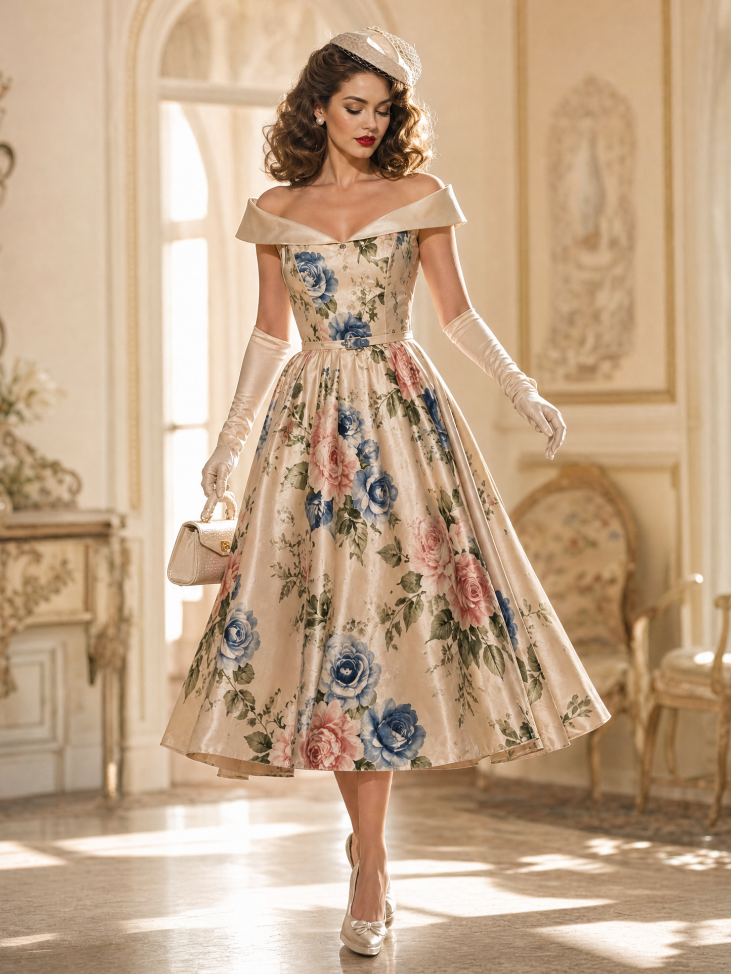 Vintage Off‑Shoulder Floral Print Satin Belted Swing Midi Dress