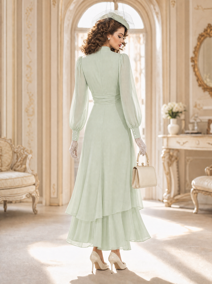 Vintage Mock Neck Sheer Puff Sleeve Ruched Layered Maxi Dress