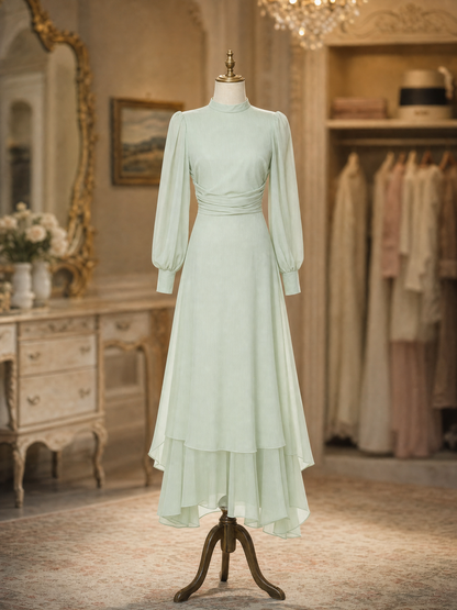 Vintage Mock Neck Sheer Puff Sleeve Ruched Layered Maxi Dress