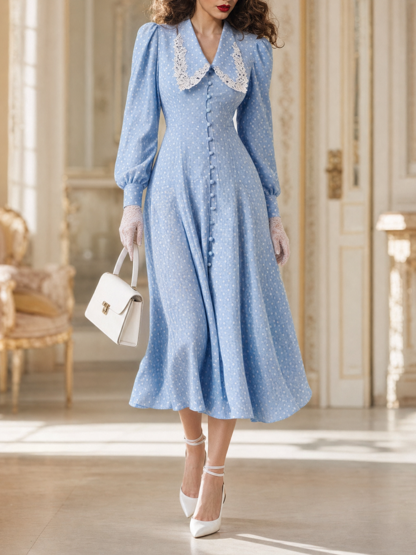 Vintage Polka Dot Lace Collar Puff Sleeve Button‑Down Midi Dress