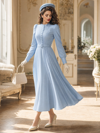Vintage Stand Collar Pleated Puff Sleeve Belted A‑Line Midi Dress