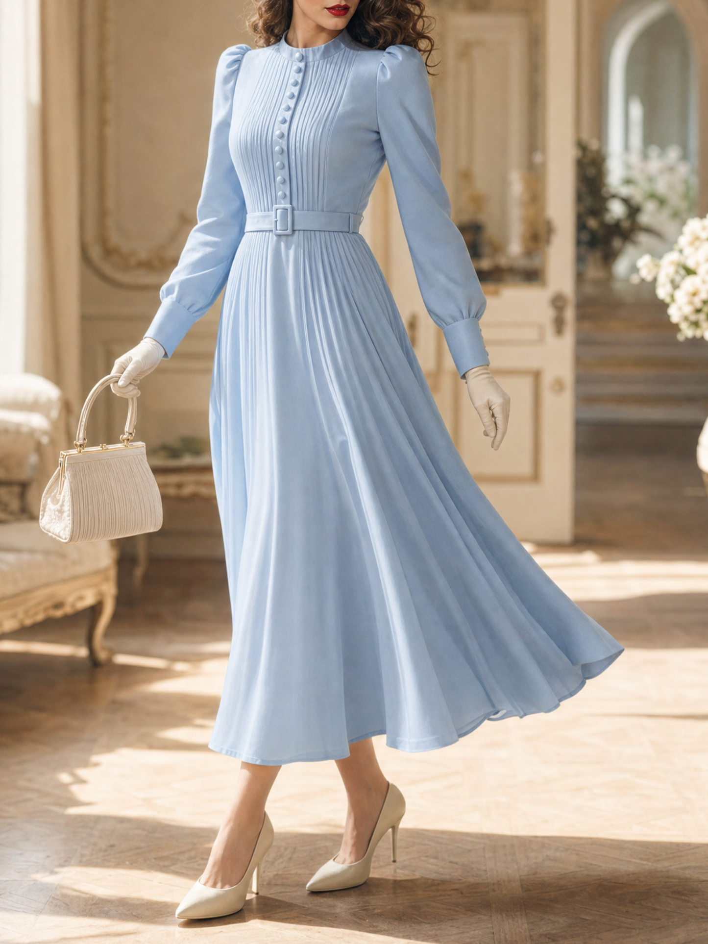 Vintage Stand Collar Pleated Puff Sleeve Belted A‑Line Midi Dress