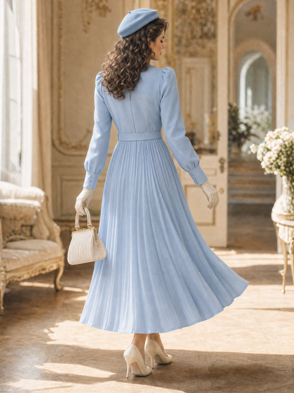 Vintage Stand Collar Pleated Puff Sleeve Belted A‑Line Midi Dress