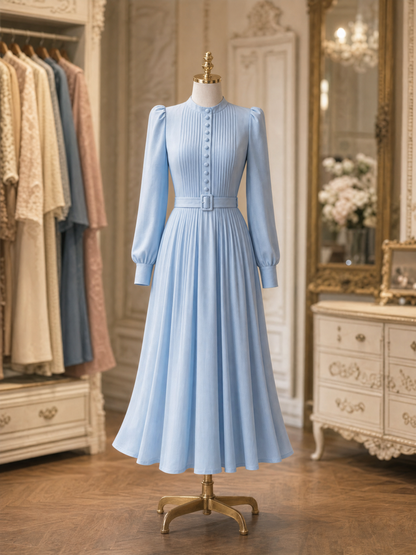 Vintage Stand Collar Pleated Puff Sleeve Belted A‑Line Midi Dress