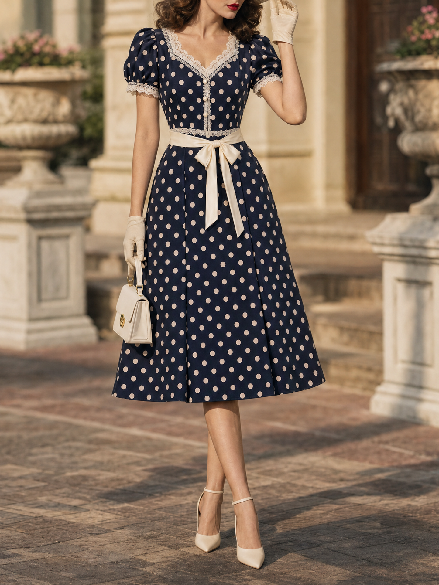 Vintage Polka Dot Lace V‑Neck Puff Sleeve Fit & Flare Midi Dress