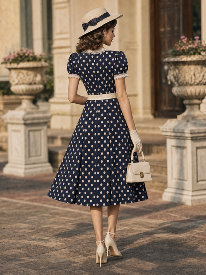 Vintage Polka Dot Lace V‑Neck Puff Sleeve Fit & Flare Midi Dress