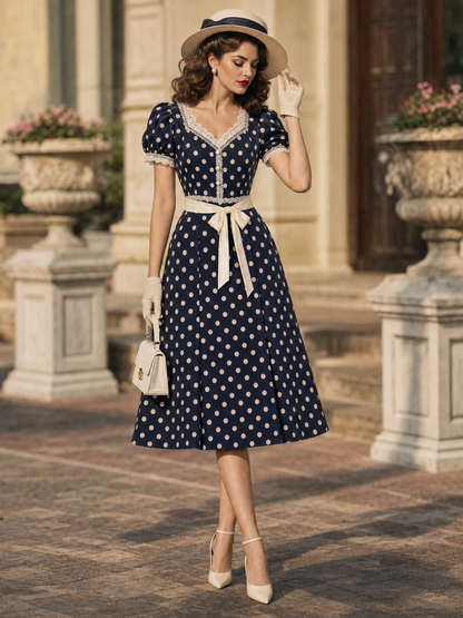 Vintage Polka Dot Lace V‑Neck Puff Sleeve Fit & Flare Midi Dress