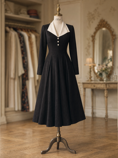 Vintage Contrast Collar Pearl Button Long Sleeve Fit & Flare Midi Dress