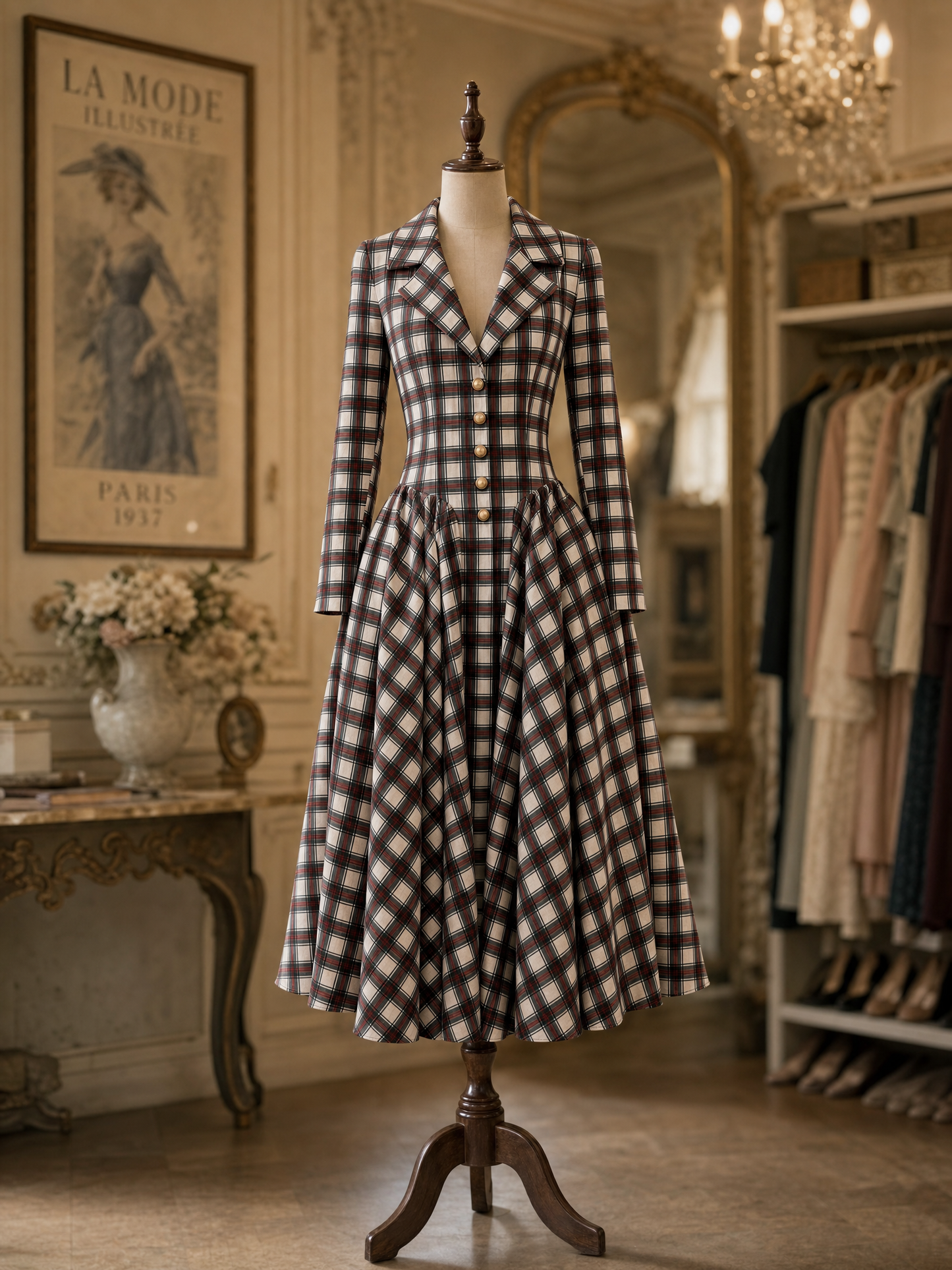 Vintage Plaid Lapel Collar Long Sleeve Fit & Flare Midi Dress