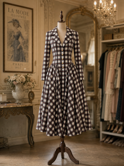Vintage Plaid Lapel Collar Long Sleeve Fit & Flare Midi Dress