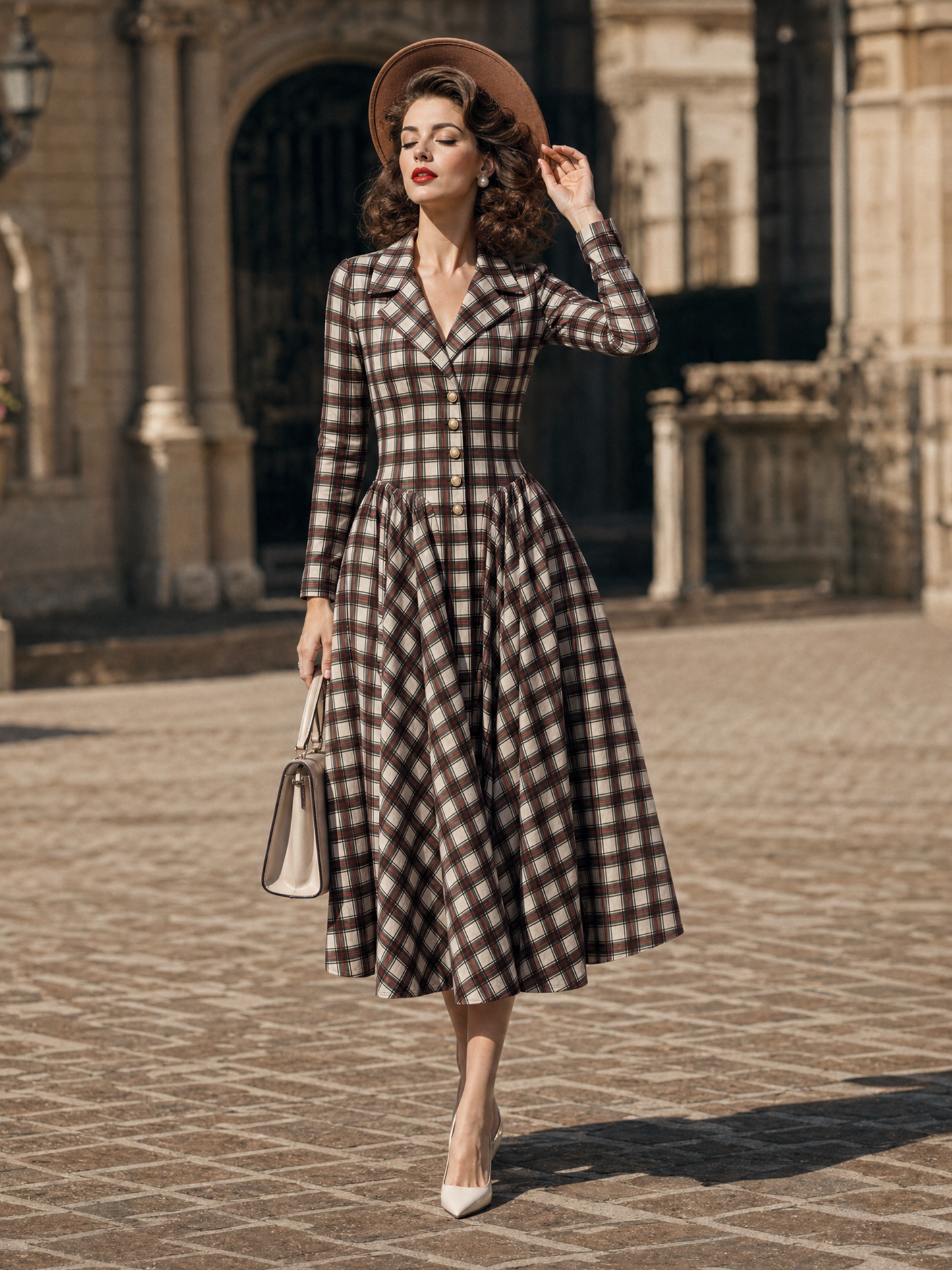 Vintage Plaid Lapel Collar Long Sleeve Fit & Flare Midi Dress