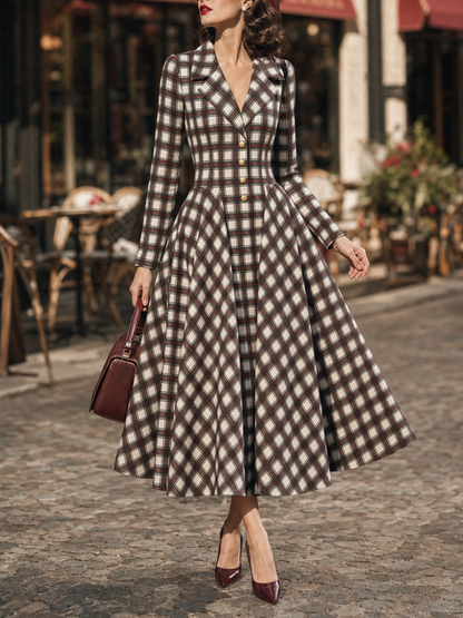 Vintage Plaid Lapel Collar Long Sleeve Fit & Flare Midi Dress