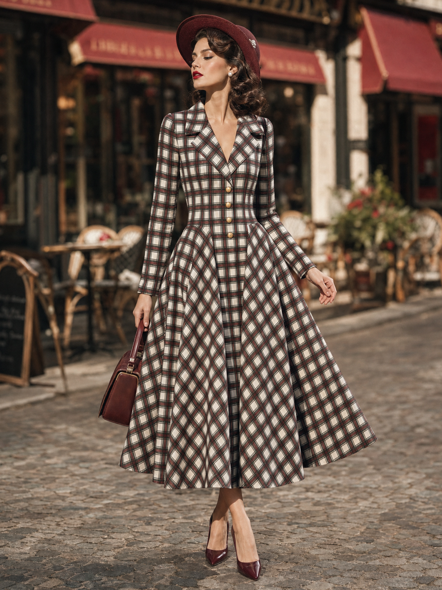 Vintage Plaid Lapel Collar Long Sleeve Fit & Flare Midi Dress