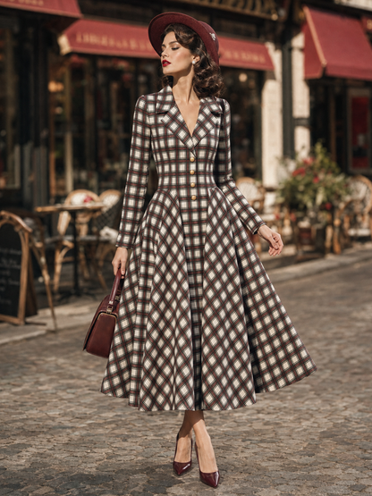 Vintage Plaid Lapel Collar Long Sleeve Fit & Flare Midi Dress