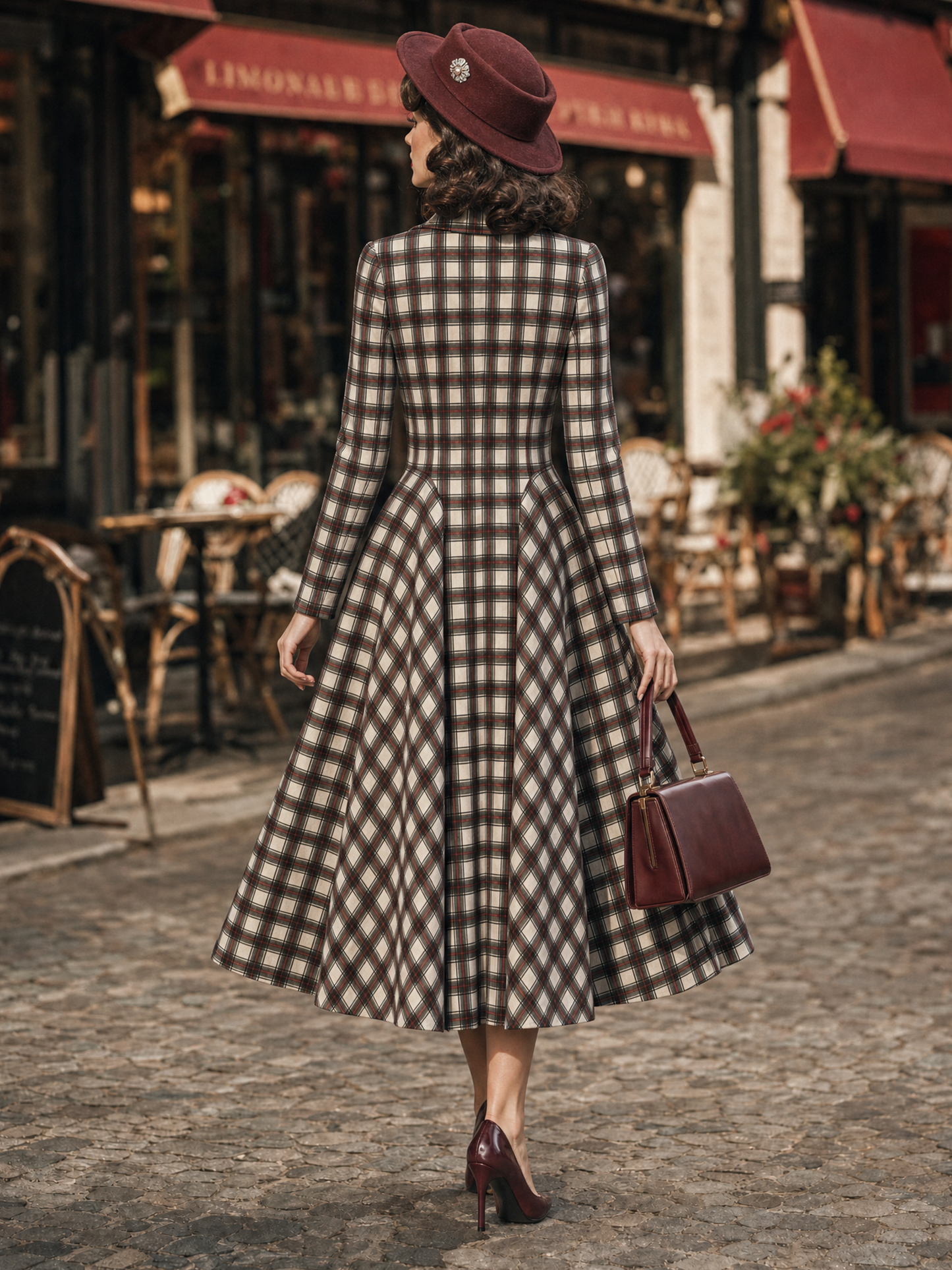 Vintage Plaid Lapel Collar Long Sleeve Fit & Flare Midi Dress