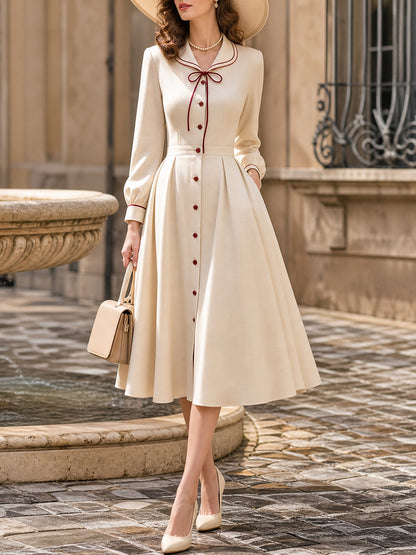 Vintage Cream Bow-Tie Button-Front A-Line Midi Dress