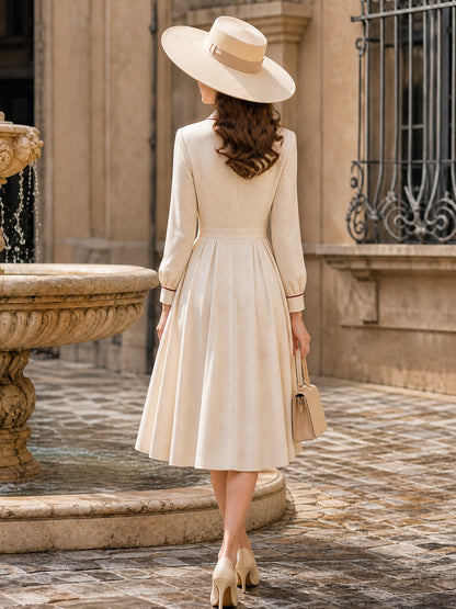 Vintage Cream Bow-Tie Button-Front A-Line Midi Dress