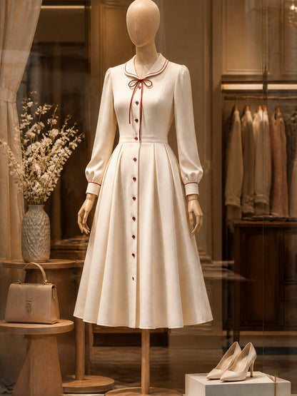 Vintage Cream Bow-Tie Button-Front A-Line Midi Dress