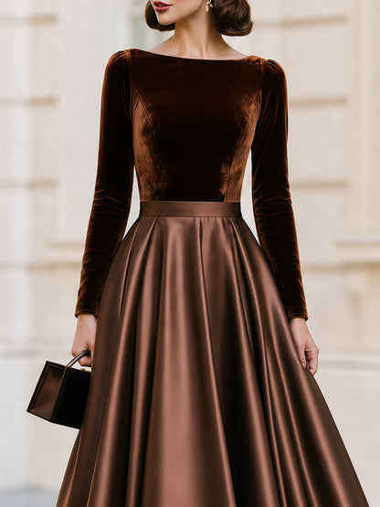 Boat Neck Long‑Sleeve Velvet‑Bodice Satin‑Skirt Midi A‑Line Dress