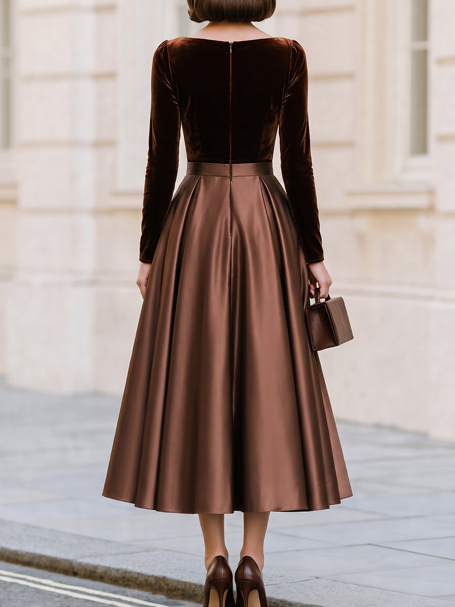 Boat Neck Long‑Sleeve Velvet‑Bodice Satin‑Skirt Midi A‑Line Dress