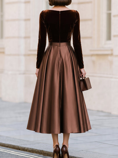 Boat Neck Long‑Sleeve Velvet‑Bodice Satin‑Skirt Midi A‑Line Dress