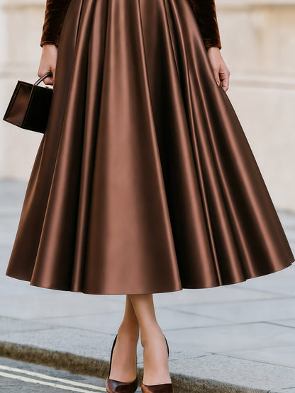 Boat Neck Long‑Sleeve Velvet‑Bodice Satin‑Skirt Midi A‑Line Dress
