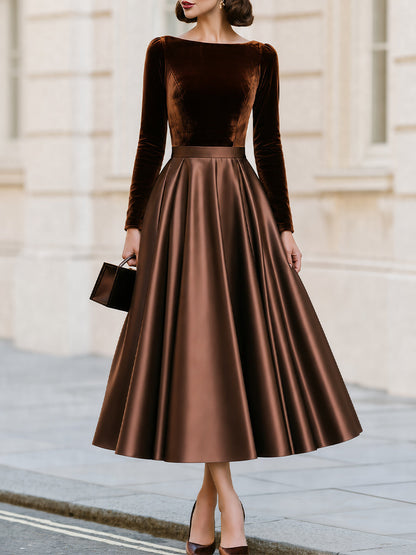 Boat Neck Long‑Sleeve Velvet‑Bodice Satin‑Skirt Midi A‑Line Dress