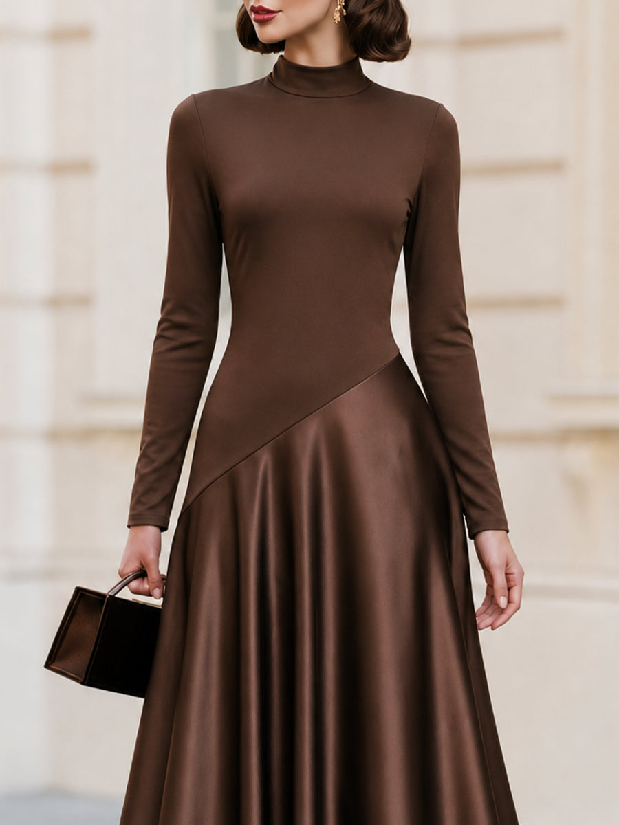 High‑Neck Long‑Sleeve Mixed‑Fabric Satin Maxi Dress